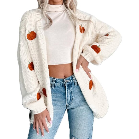 Sweaters - Women's Pumpkin Knit Cardigan Long Sleeve Sweater Casual Halloween Fall